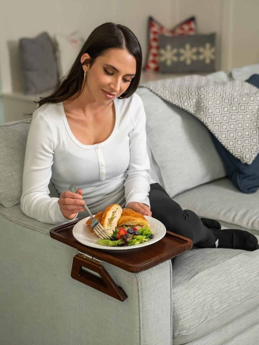 Bamboo Trayble Couch Arm Table, Clip On Tray Sofa Table for Couches. Sofa Arm Tr - Picture 9 of 9